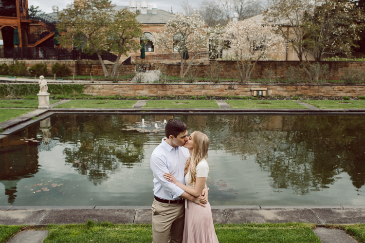 Hillary and Will's Princeton NJ engagement, we met late afternoon hoping to catch the golden hour/ glorious sunset but the weather turned to overcast real fast. But no one was complaining, we managed to catch rich, deep colors of spring. Hunter greens on trees and grass, all the Spring blooms. Played around with composition, leading lines, creating avant-garde romanticism. Hillary and Will's romantic engagement session at Jasna Princeton NJ captured by Karis from NY NJ wedding elopement photographer Hey Karis.